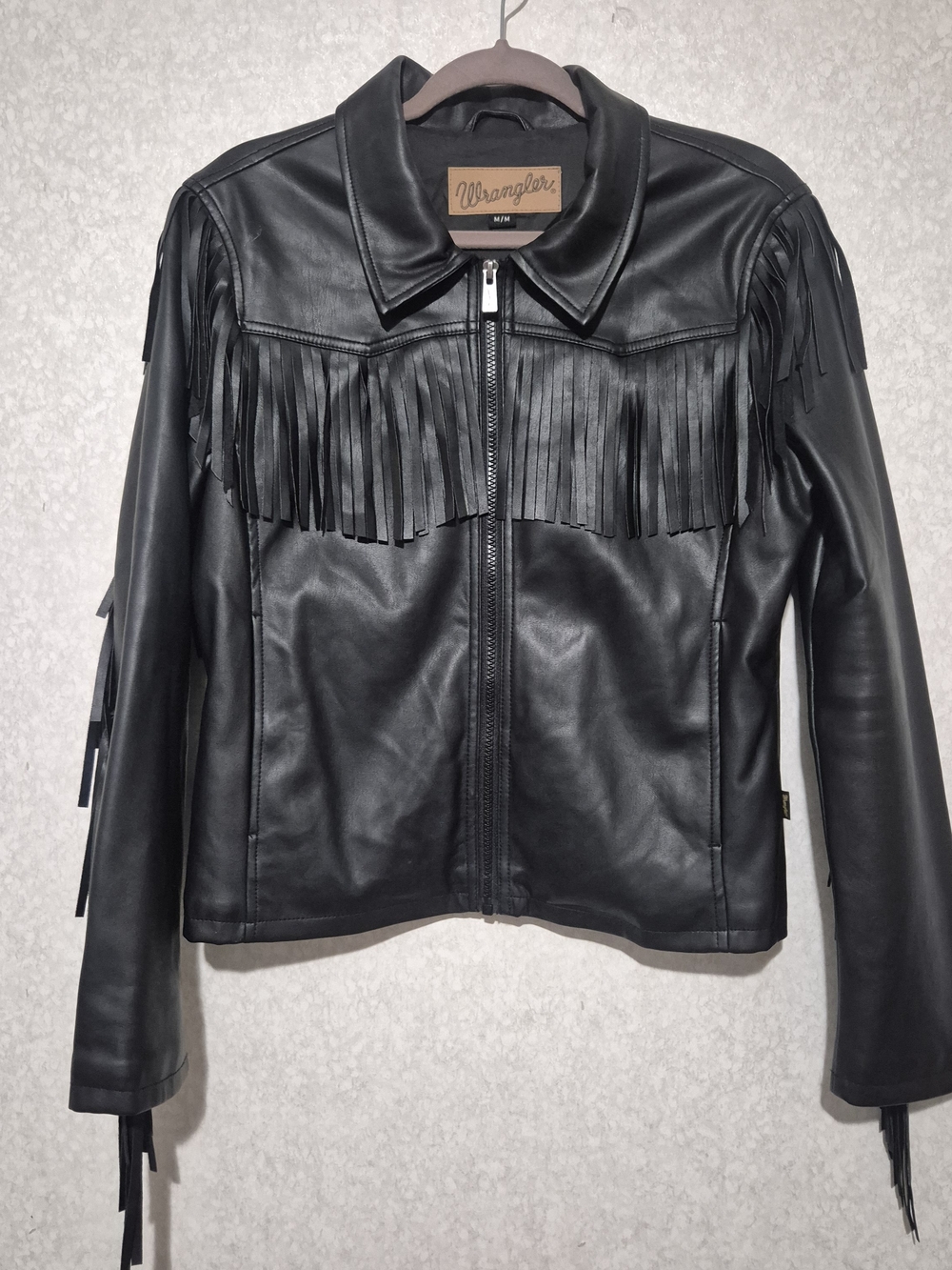 Wrangler Women's Black Fringe Leather Jacket-Size:M